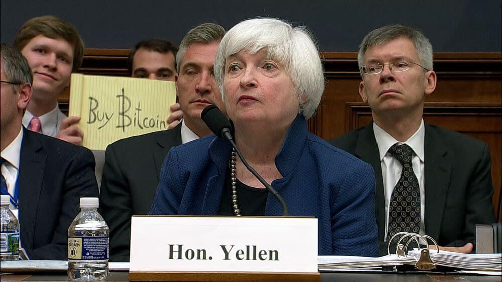 Yellow notepad "Buy Bitcoin" photobomb of Janet Yellen during testimony to Congress Yellow notepad Buy Bitcoin photobomb of Janet Yellen during testimony to Congress